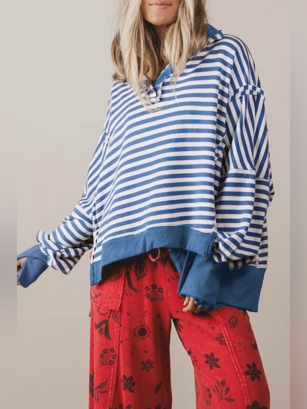 Stripe Color Block Trim Raw Seam Split Hem Loose Sweatshirt - Picture 2 of 16